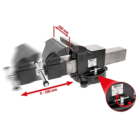 Schwarzer Schraubstock. Messung der Spannweite von 0-200 mm. Rote Markierungen zeigen die Maße und Details der Bedienung.